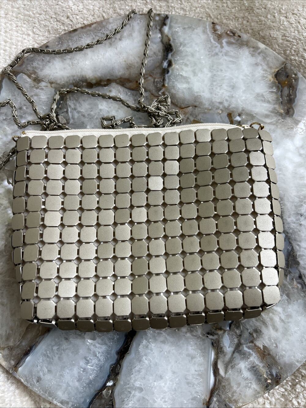 VTG 80s Metal Tile Mesh Evening Bag Champagne Gold Pewter Chainmail Crossbody OK